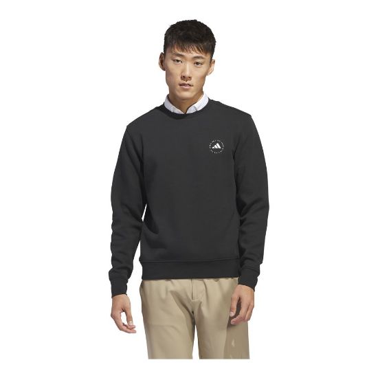 Model wearing adidas Men's Core Crew Black Golf Sweatshirt Front View