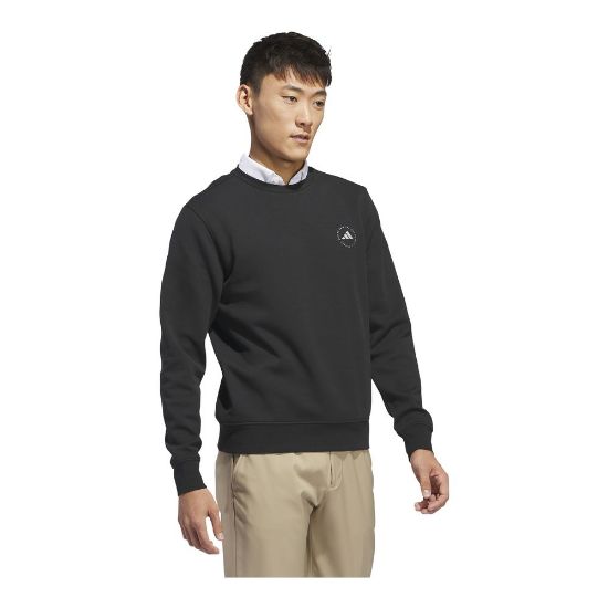 Model wearing adidas Men's Core Crew Black Golf Sweatshirt Side View