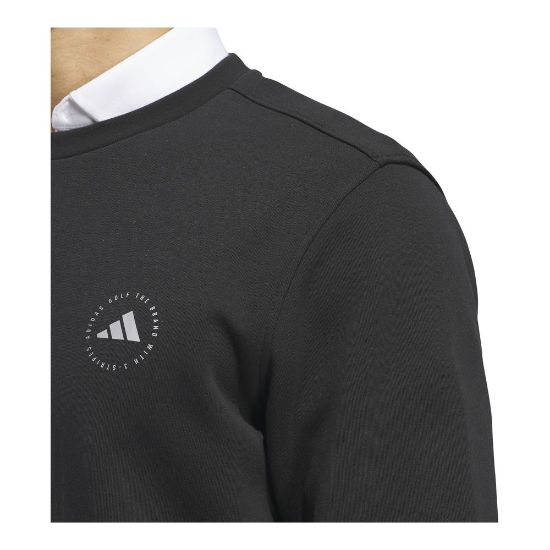 Model wearing adidas Men's Core Crew Black Golf Sweatshirt Side