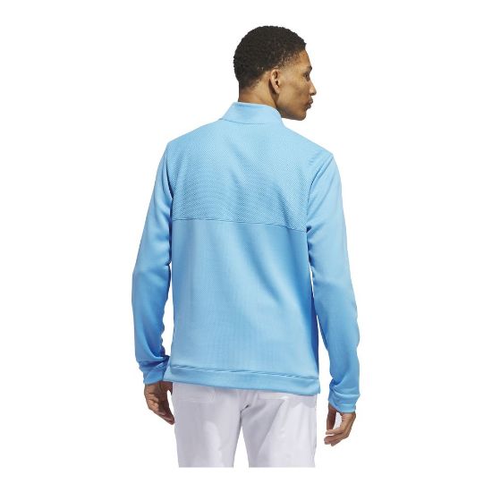 Model wearing adidas Men's Textured Semi Burst Blue Golf Mid Layer Back View
