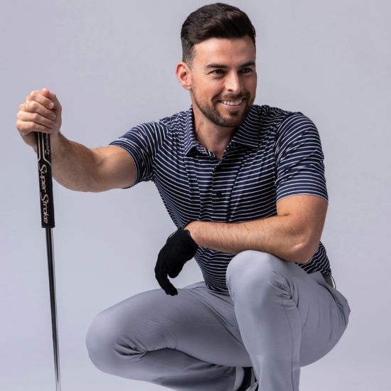 Model wearing Glenmuir Men's Muirhead Pencil Stripe Navy Golf Polo Shirt Front View