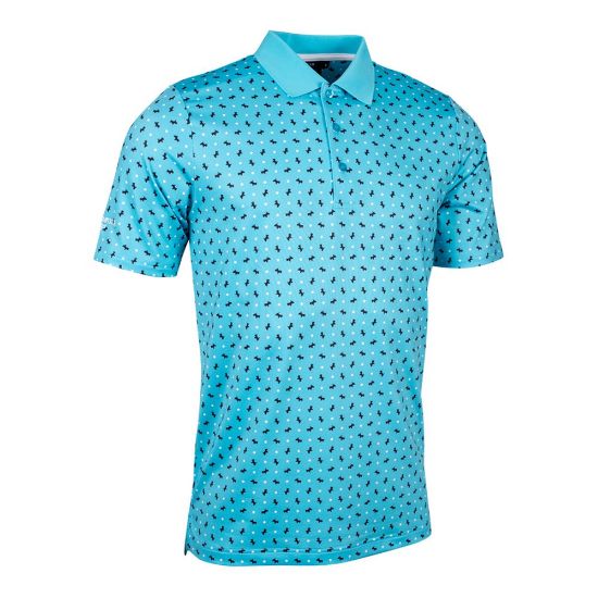 Glenmuir Men's Angus Scottie Dog Print Aqua Golf Polo Shirt Front View