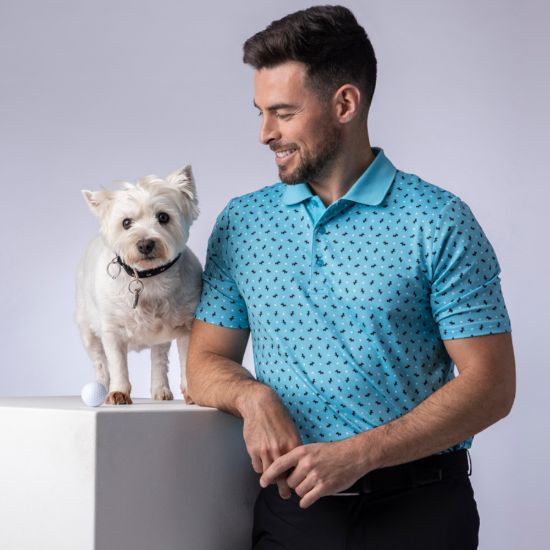 Model wearing Glenmuir Men's Angus Scottie Dog Print Aqua Golf Polo Shirt Front View