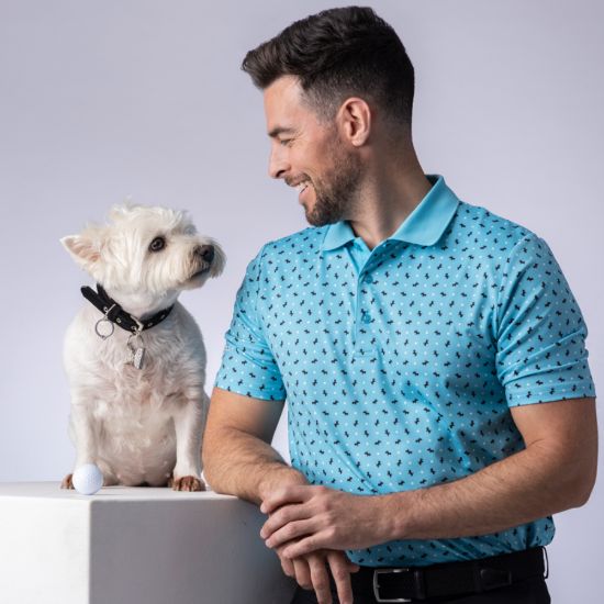 Model wearing Glenmuir Men's Angus Scottie Dog Print Aqua Golf Polo Shirt Side View