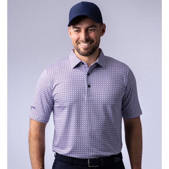 Model wearing Glenmuir Men's Irvine White/Navy/Hot Pink Golf Polo Shirt Front View