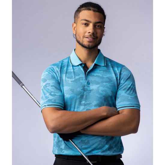 Model wearing Glenmuir Men's Brody Aqua Golf Polo Shirt Front View