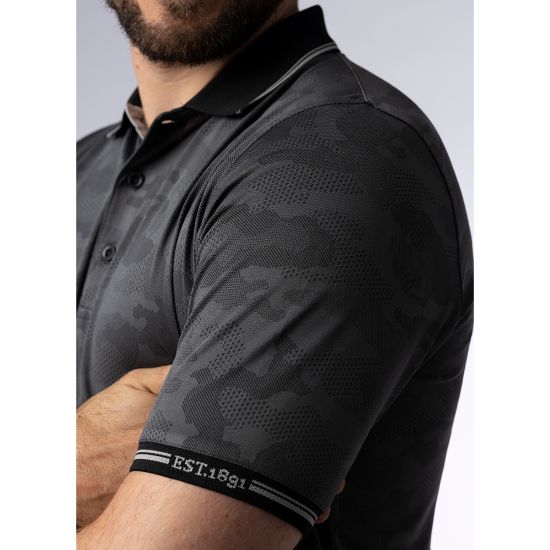 Model wearing Glenmuir Men's Brody Black Golf Polo Shirt Side View