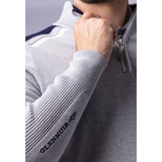 Model wearing Glenmuir Men's Selkirk Light Grey Golf Sweater Sleeve View