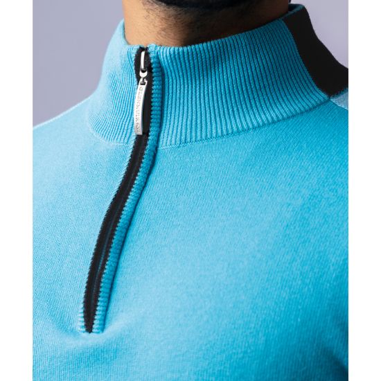 Model wearing Glenmuir Men's Kippen Aqua Golf Sweater Collar View