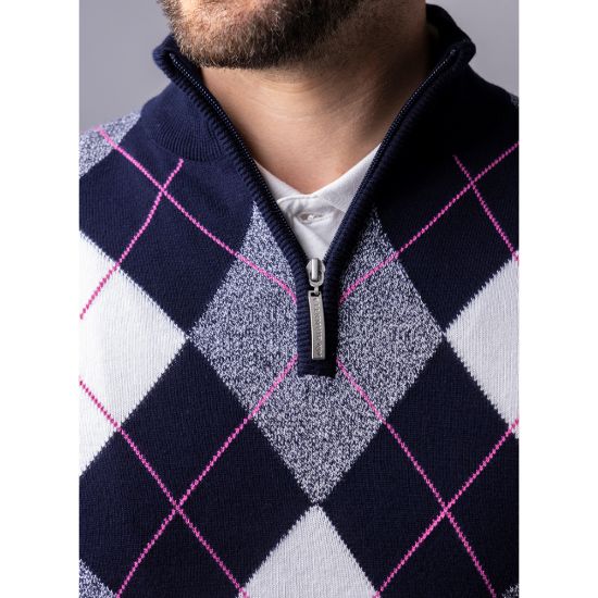 Model wearing Glenmuir Men's Lauder Navy Golf Sweater Collar VIew