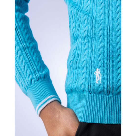 Model wearing Glenmuir Ladies Florence Aqua Golf Sweater Side View