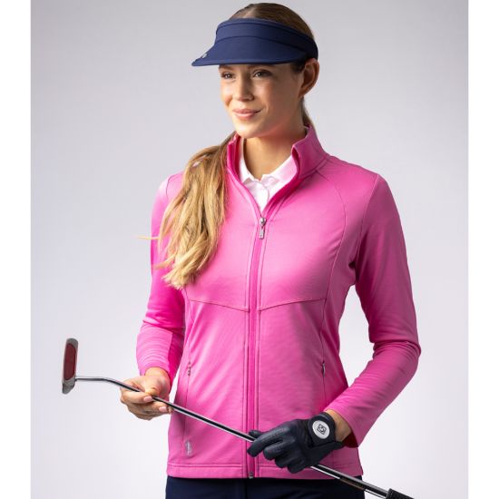 Model wearing Glenmuir Ladies Indy Pink Golf Midlayer Front View