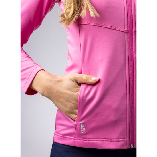 Model wearing Glenmuir Ladies Indy Pink Golf Midlayer Pocket View