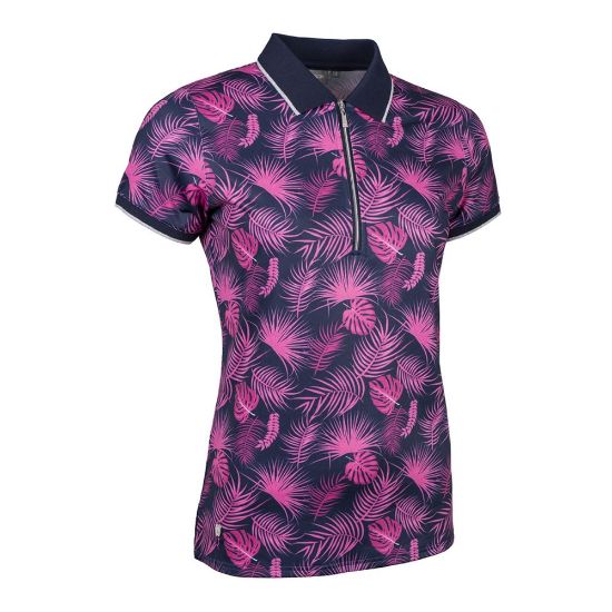 Glenmuir Ladies Amelia Navy/Pink Tropical Golf Polo Shirt Front