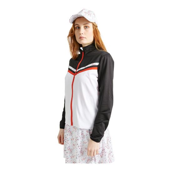 Model wearing Abacus Ladies Sherwood Full-Zip Floral White Golf Fleece Side View