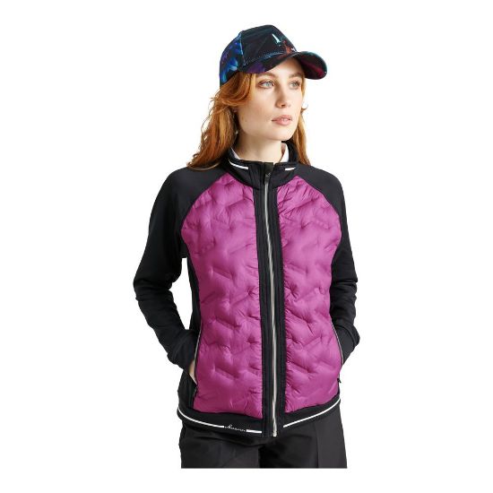 Model wearing Abacus Ladies Grove Hybrid Violet Golf Jacket
