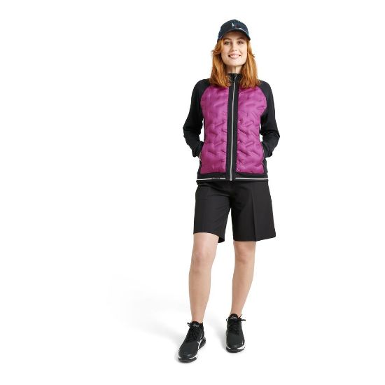 Model wearing Abacus Ladies Grove Hybrid Violet Golf Jacket Full View
