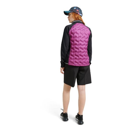 Model wearing Abacus Ladies Grove Hybrid Violet Golf Jacket Back View
