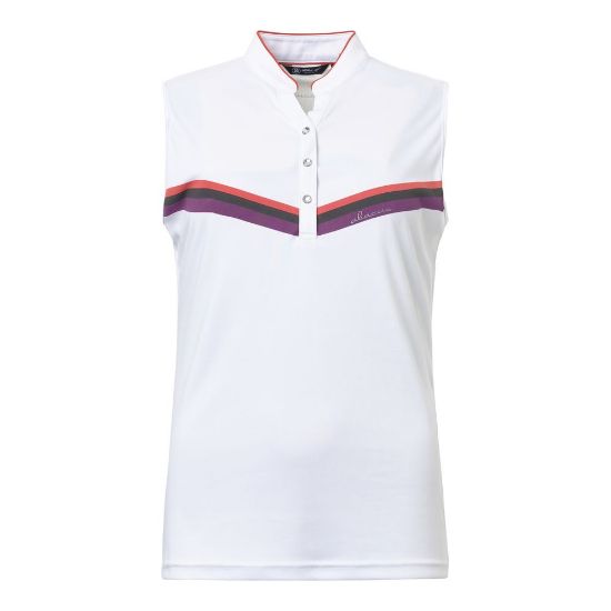 Abacus Ladies Simone Drycool Sleeveless Poppy Red & White Polo Shirt Front View
