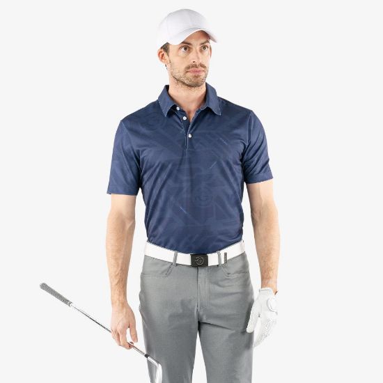 Model wearing Galvin Green Men's Maze V8+ Navy Golf Polo Shirt Front View