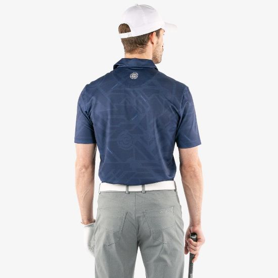 Model wearing Galvin Green Men's Maze V8+ Navy Golf Polo Shirt Back View