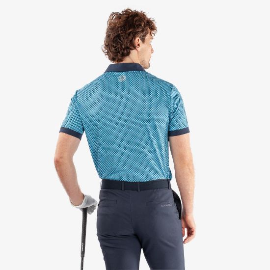 Model wearing Galvin Green Men's Mate V8+ Aqua Golf Polo Shirt Back View