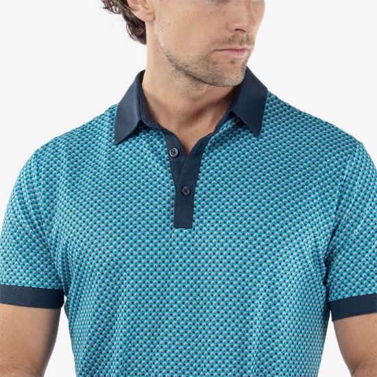 Model wearing Galvin Green Men's Mate V8+ Aqua Golf Polo Shirt Front View