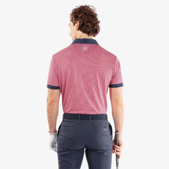 Model wearing Galvin Green Men's Mate V8+ Camellia Rose Golf Polo Shirt Back View