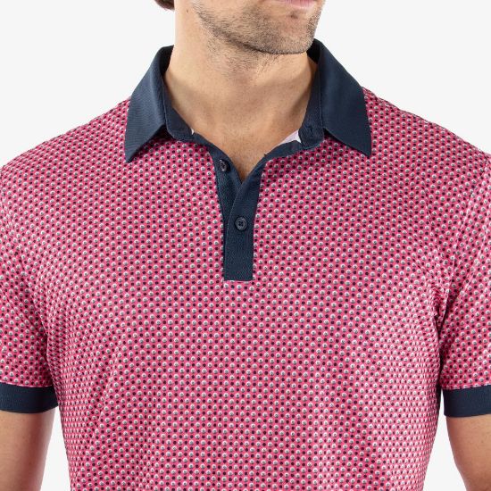 Model wearing Galvin Green Men's Mate V8+ Camellia Rose Golf Polo Shirt Front View