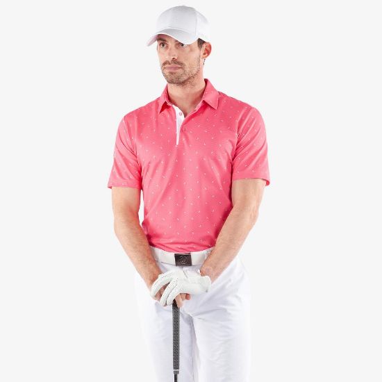 Model wearing Galvin Green Men's Miklos V8+ Camellia Rose Golf Polo Shirt Front View