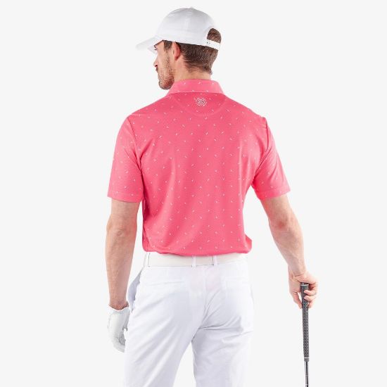 Model wearing Galvin Green Men's Miklos V8+ Camellia Rose Golf Polo Shirt Back View