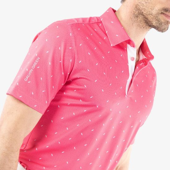 Model wearing Galvin Green Men's Miklos V8+ Camellia Rose Golf Polo Shirt Side View