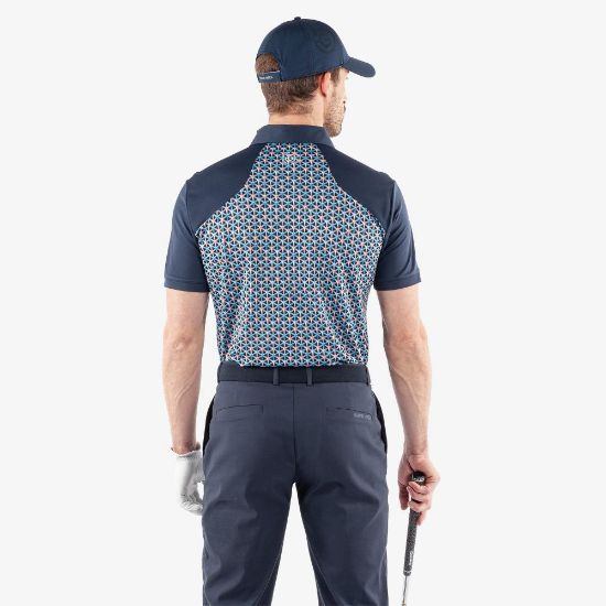 Model wearing Galvin Green Men's Mio V8+ Aqua Golf Polo Shirt Back View