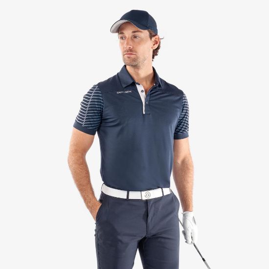Model wearing Galvin Green Men's Milion V8+ Navy Golf Polo Shirt Front View