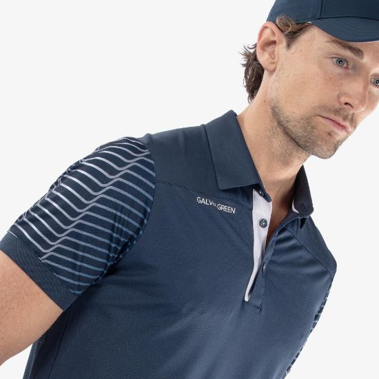 Model wearing Galvin Green Men's Milion V8+ Navy Golf Polo Shirt Side View