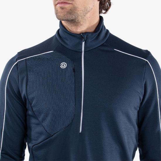 Model wearing Galvin Green Men's Dave Insula Navy Golf Midlayer Front View