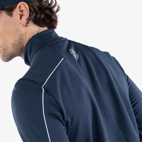 Model wearing Galvin Green Men's Dave Insula Navy Golf Midlayer Back View
