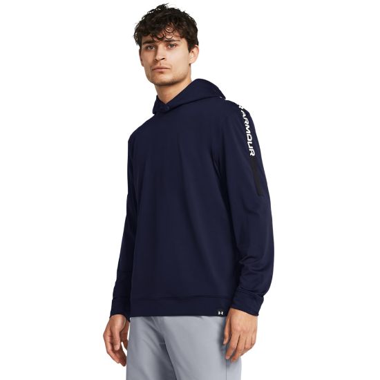 Model wearing Under Armour Men's Playoff Navy Golf Hoodie Front View