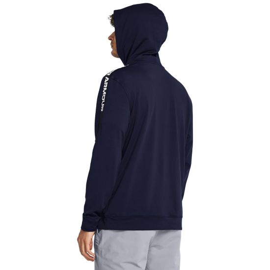 Model wearing Under Armour Men's Playoff Navy Golf Hoodie Back View