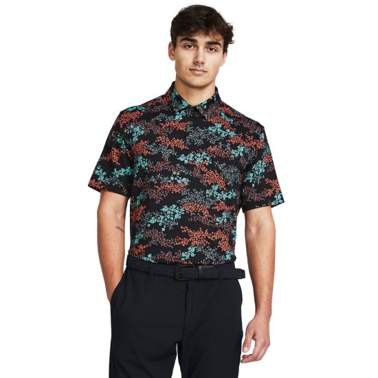 Model wearing Under Armour Men's Playoff 3.0 Printed Black Golf Polo Shirt Front View