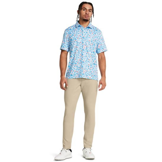 Model wearing Under Armour Men's Playoff 3.0 Printed Blue Golf Polo Shirt Full View