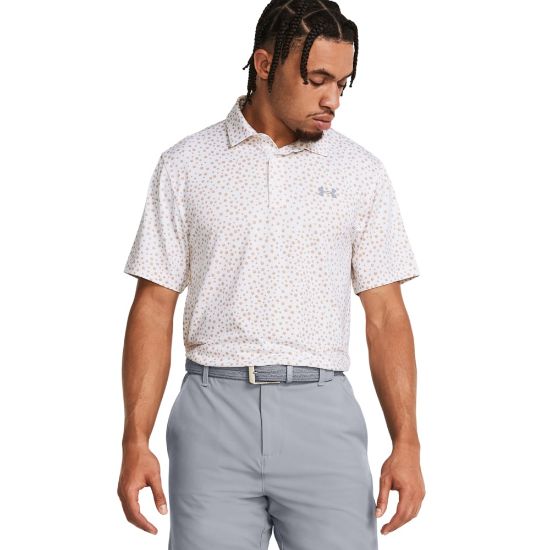 Model wearing Under Armour Men's Playoff 3.0 Printed White Golf Polo Shirt Front View