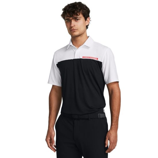 Model wearing Under Armour Men's T2G Colour Block Black Golf Polo Shirt Front View