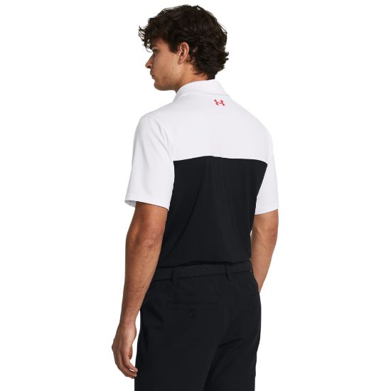 Model wearing Under Armour Men's T2G Colour Block Black Golf Polo Shirt Back View