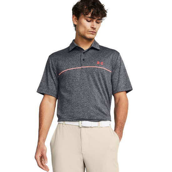 Model wearing Under Armour Men's Playoff 3.0 Stripe Black Golf Polo Shirt Front View