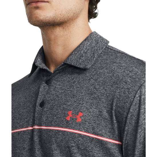Model wearing Under Armour Men's Playoff 3.0 Stripe Black Golf Polo Shirt Collar View