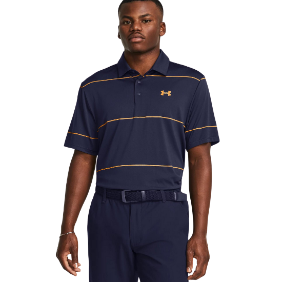 Model wearing Under Armour Men's Playoff 3.0 Stripe Navy Golf Polo Shirt Front View