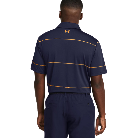 Model wearing Under Armour Men's Playoff 3.0 Stripe Navy Golf Polo Shirt Back View