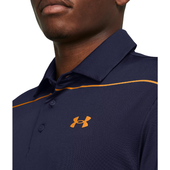 Model wearing Under Armour Men's Playoff 3.0 Stripe Navy Golf Polo Shirt Collar View