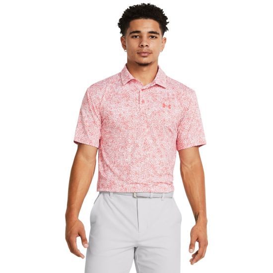 Model wearing Under Armour Men's Playoff 3.0 Printed Coho Golf Polo Shirt Front View